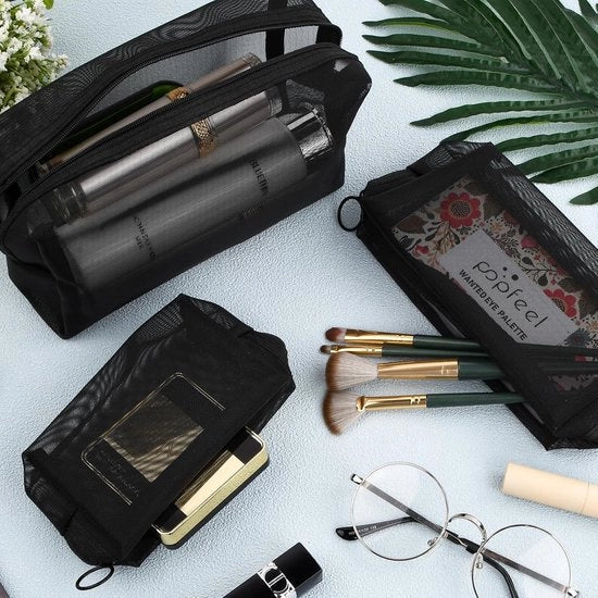 Set di 3 contenitori in metallo con chiusura a cerniera per donne - Contenitori per la conservazione del make-up e per viaggi - Nero
