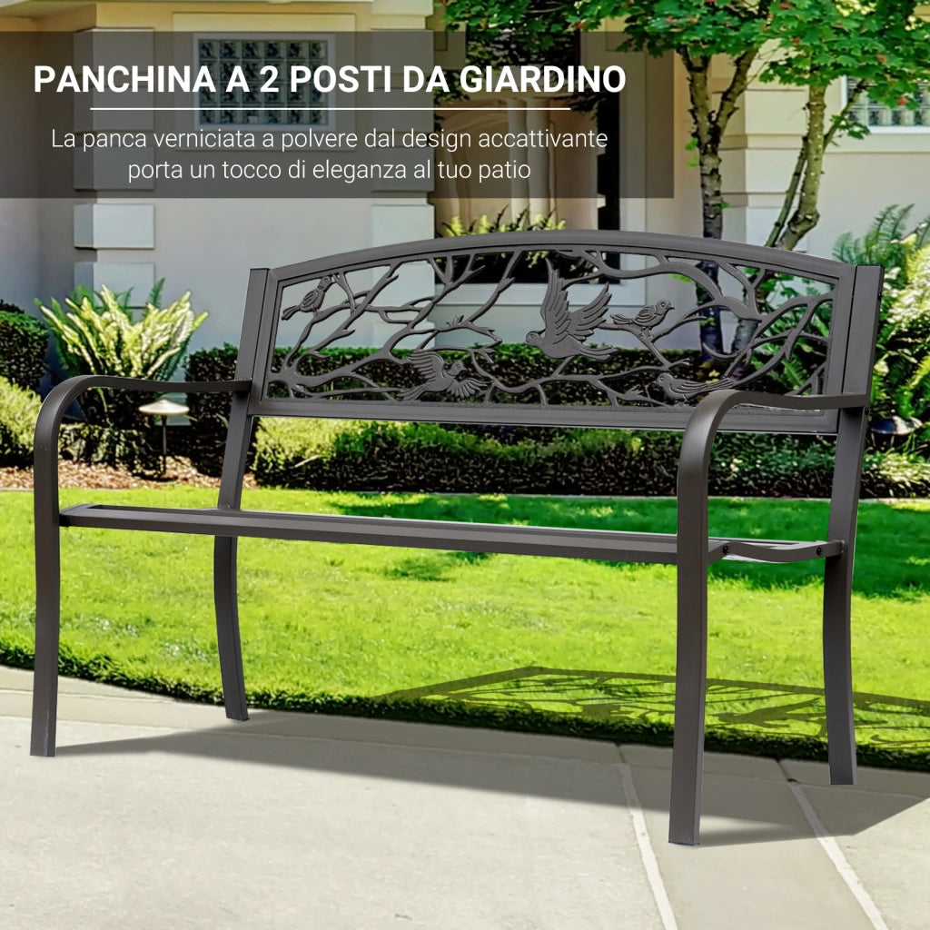 EasyComfort Panchina da giardino Impermeabile Acciaio e Ghisa per Esterni, Schienale con Decorazioni Motivo Naturale, 127x60cm, Marrone