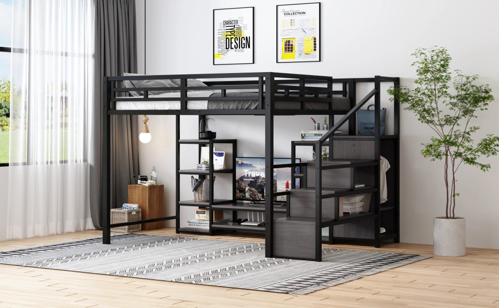 Hochbett 140x200 cm in metallo e MDF con supporto TV, presa integrata e scala contenitore, nero