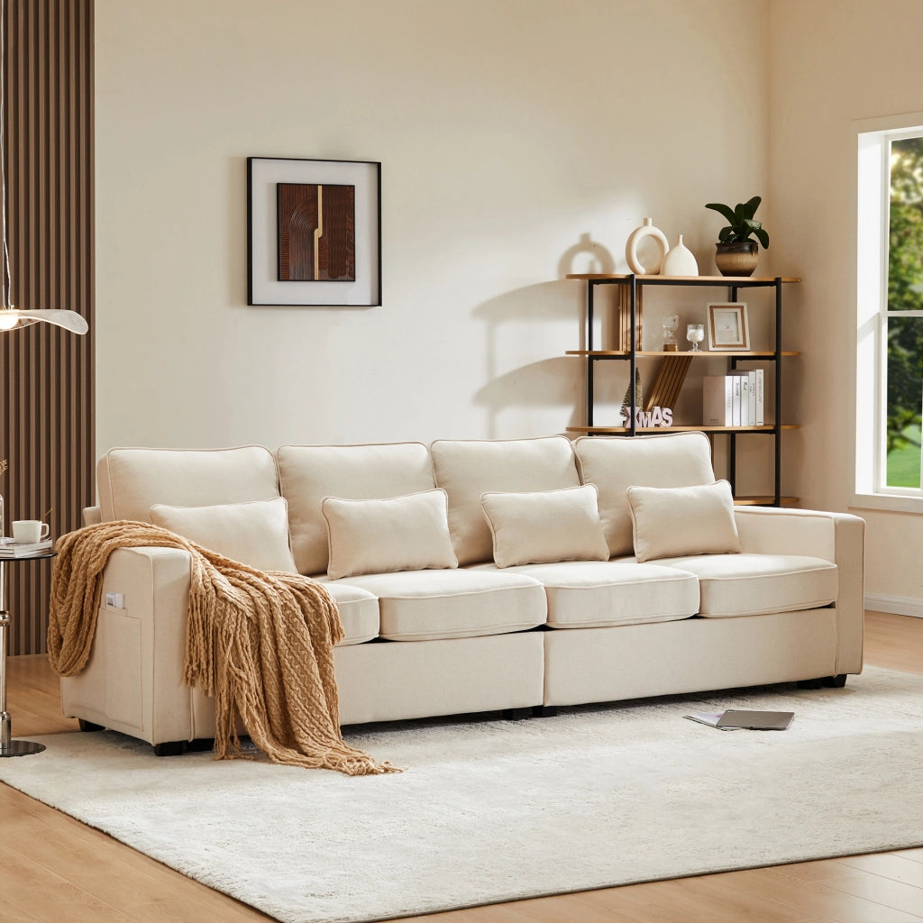 SOFA 4 posti in tessuto lino Beige con 4 cuscini lombari