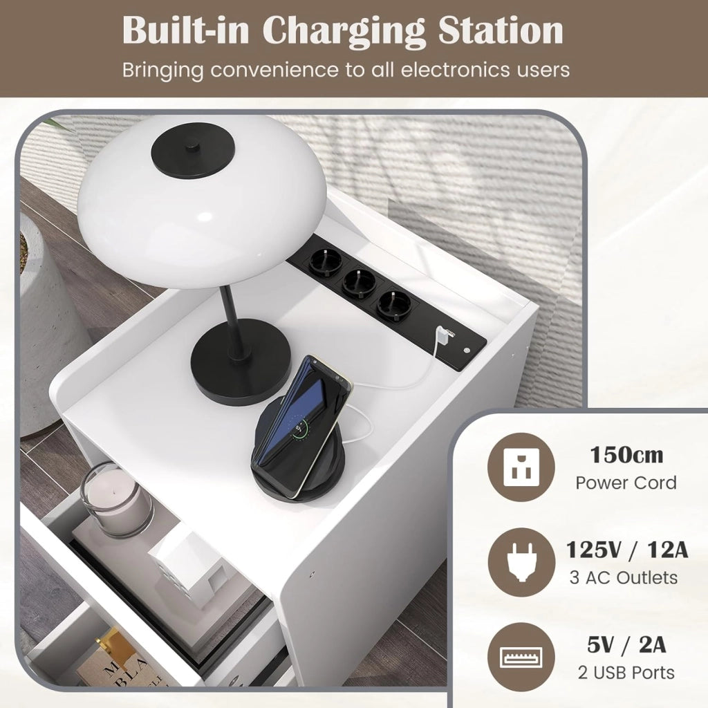 Comodino con stazione di ricarica, comodino con 2 porte USB e 3 uscite, tavolino laterale con 2 cassetti, tavolo per camera da letto, soggiorno, 32 x 40 x 60 cm (bianco)