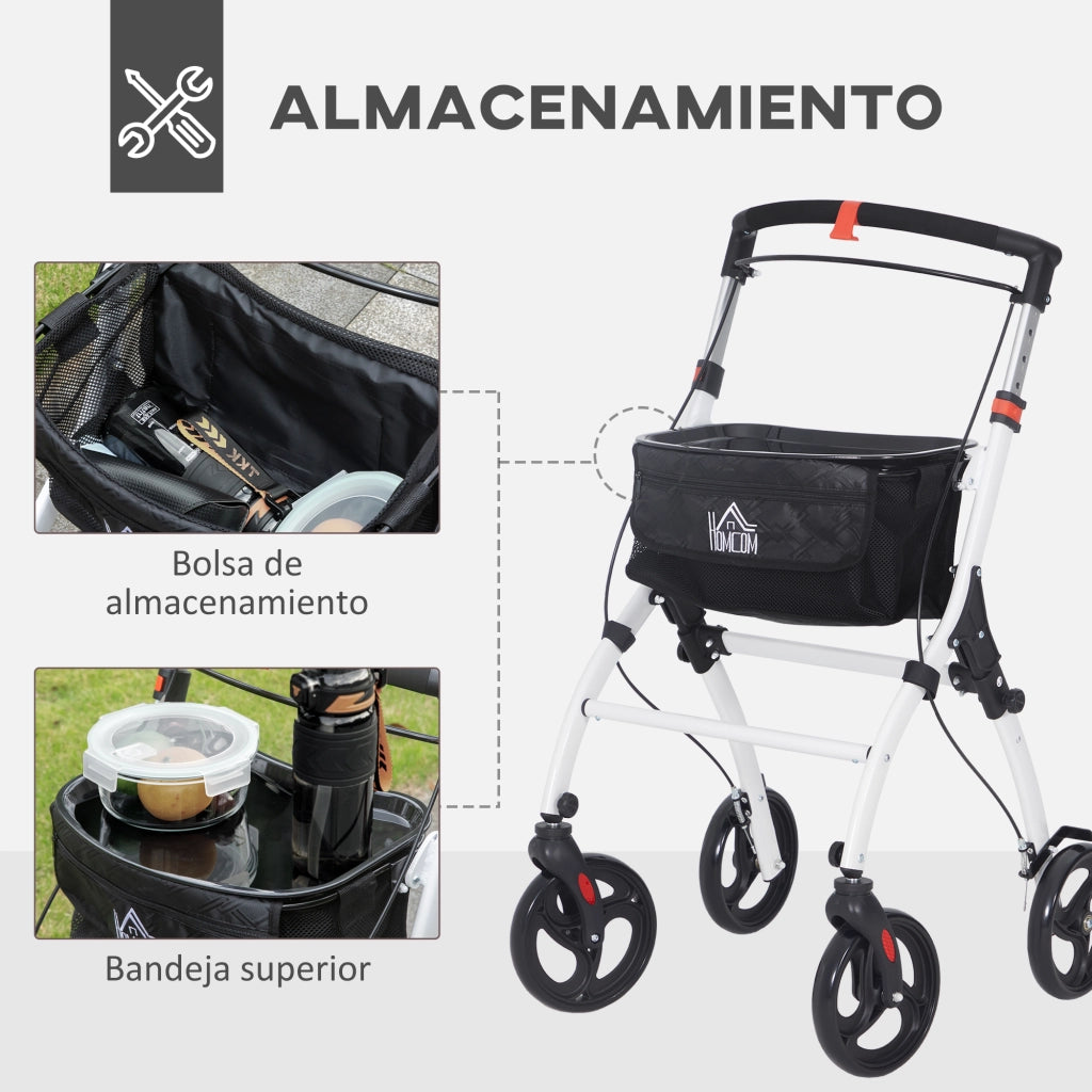 Andatore per Anziani Pieghevole ¨C Zephmum ¨C Bianco in Alluminio con 4 Ruote e Vassoio