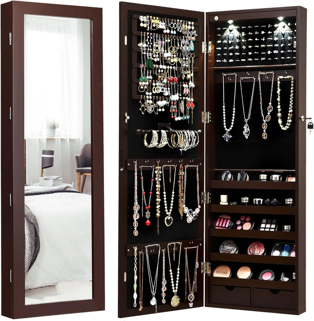 Armadio per Gioielli con 2 luci LED, con Specchio a Figura, Organizer Montato al Muro con Ganci Regolabili per Appendere, Armadio Portagioie per Truccarsi (Marrone)
