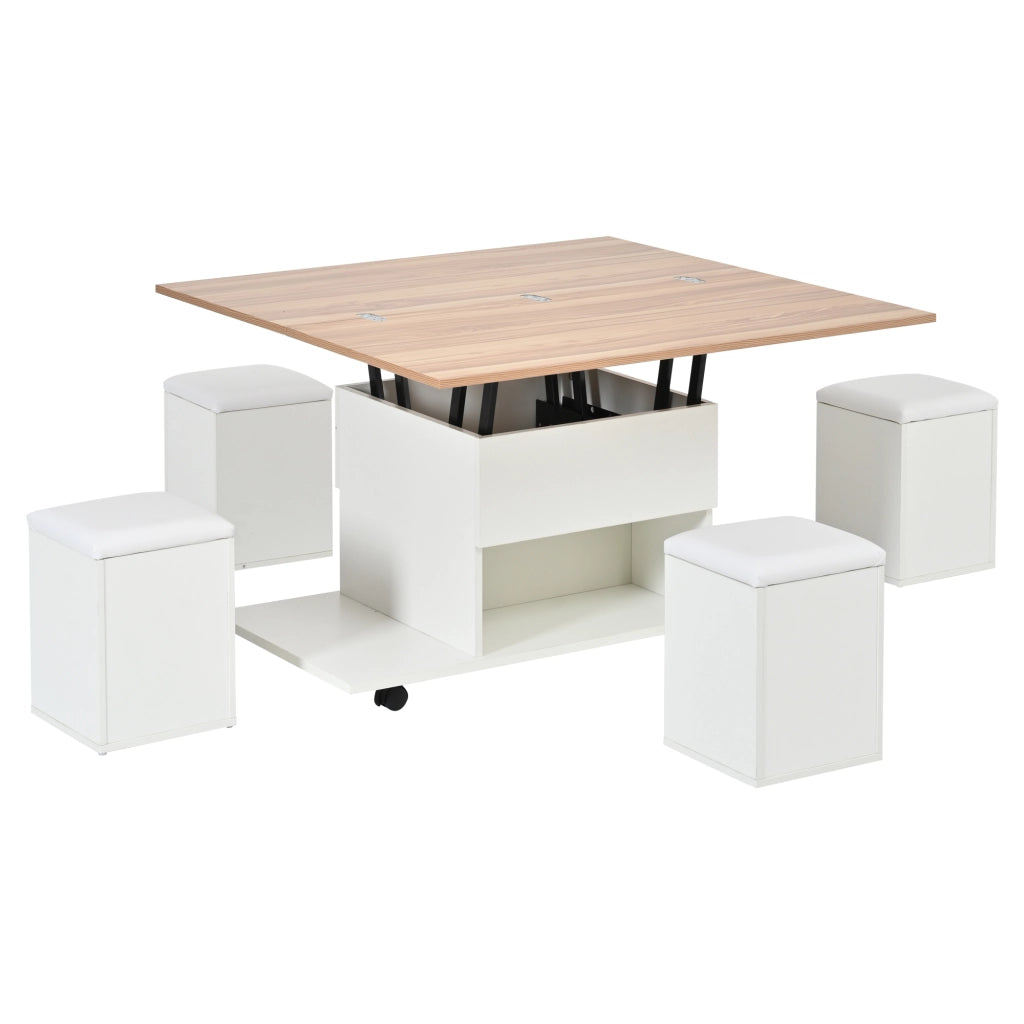 Tavolino da salotto regolabile in altezza 2 in 1 con contenitore, piano sollevabile, ruote e 4 sgabelli, bianco e legno naturale
