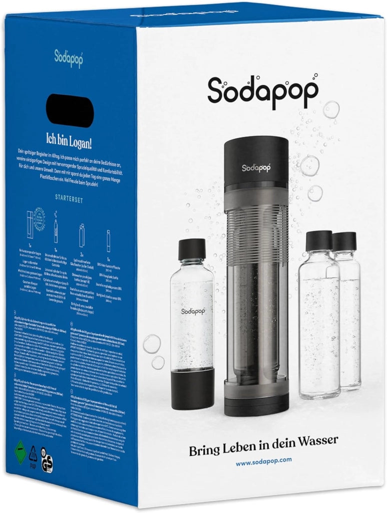 Aeratore Logan Starter Set con cilindro CO₂, con 2 bottiglie di vetro (850 & 600 ml) e 1 bottiglia in PET (850 ml), colore nero opaco, altezza 42,6 cm