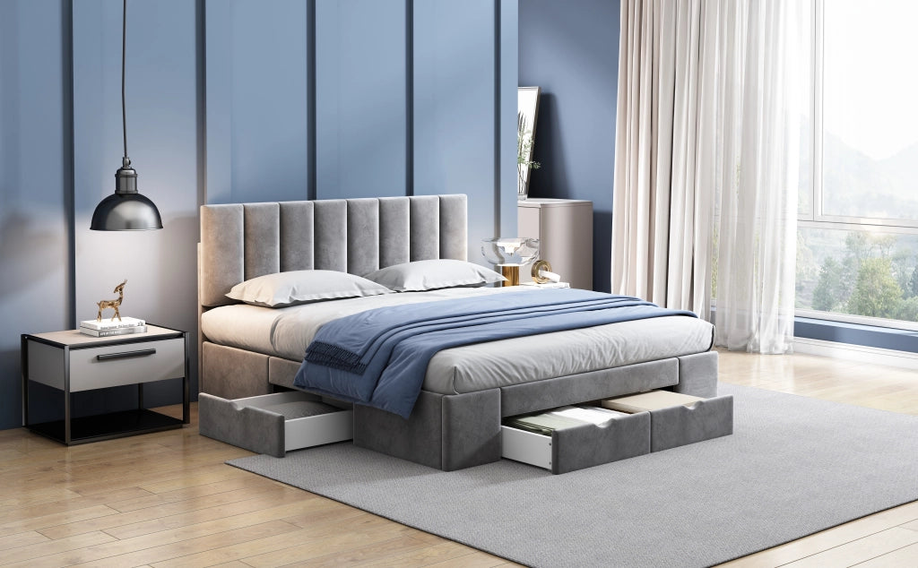 Letto matrimoniale imbottito in velluto con testiera regolabile e 4 cassetti; grigio; 160x200 cm