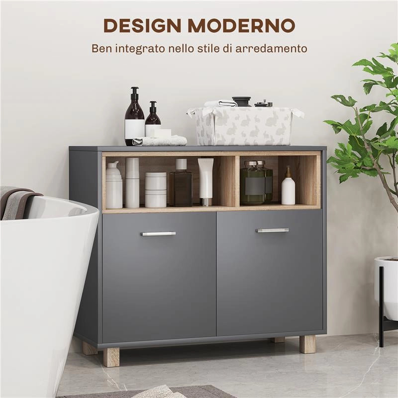 MOBILETTO BAGNO MODERNO CON VANI APERTI E ARMADIETTO A 2 ANTE 80X35X70 CM GRIGIO