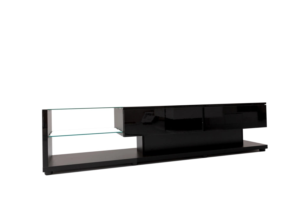 Mobile TV High Gloss Nero con 2 Cassetti; 2 Ripiani in Vetro e LED