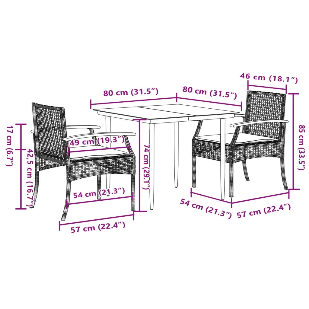 Set da Pranzo da Giardino 3 pz | Set Salotto da Giardino con Cuscini Nero in Polyrattan