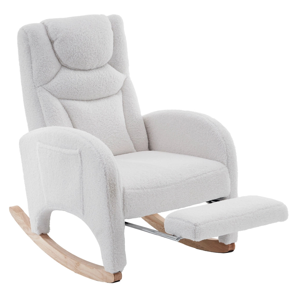 Sedia a dondolo 66x125x101 cm con poggiatesta e poggiapiedi pieghevole in teddy bianco