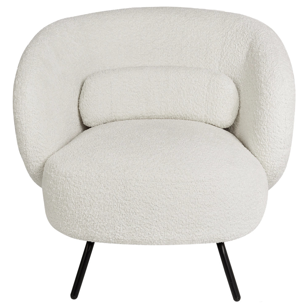 Poltrona Tessuto Boucle Bianco Morbido Nubby Gambe Nere Schienale Curvo Stile Retro Glam Art Decor