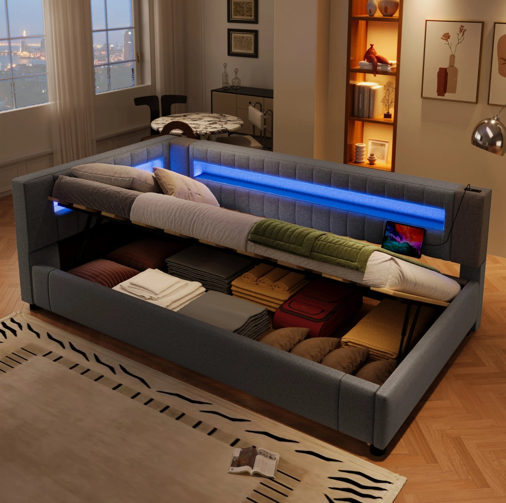 Daybed 90x200 cm grigio con LED, USB-C e vano contenitore