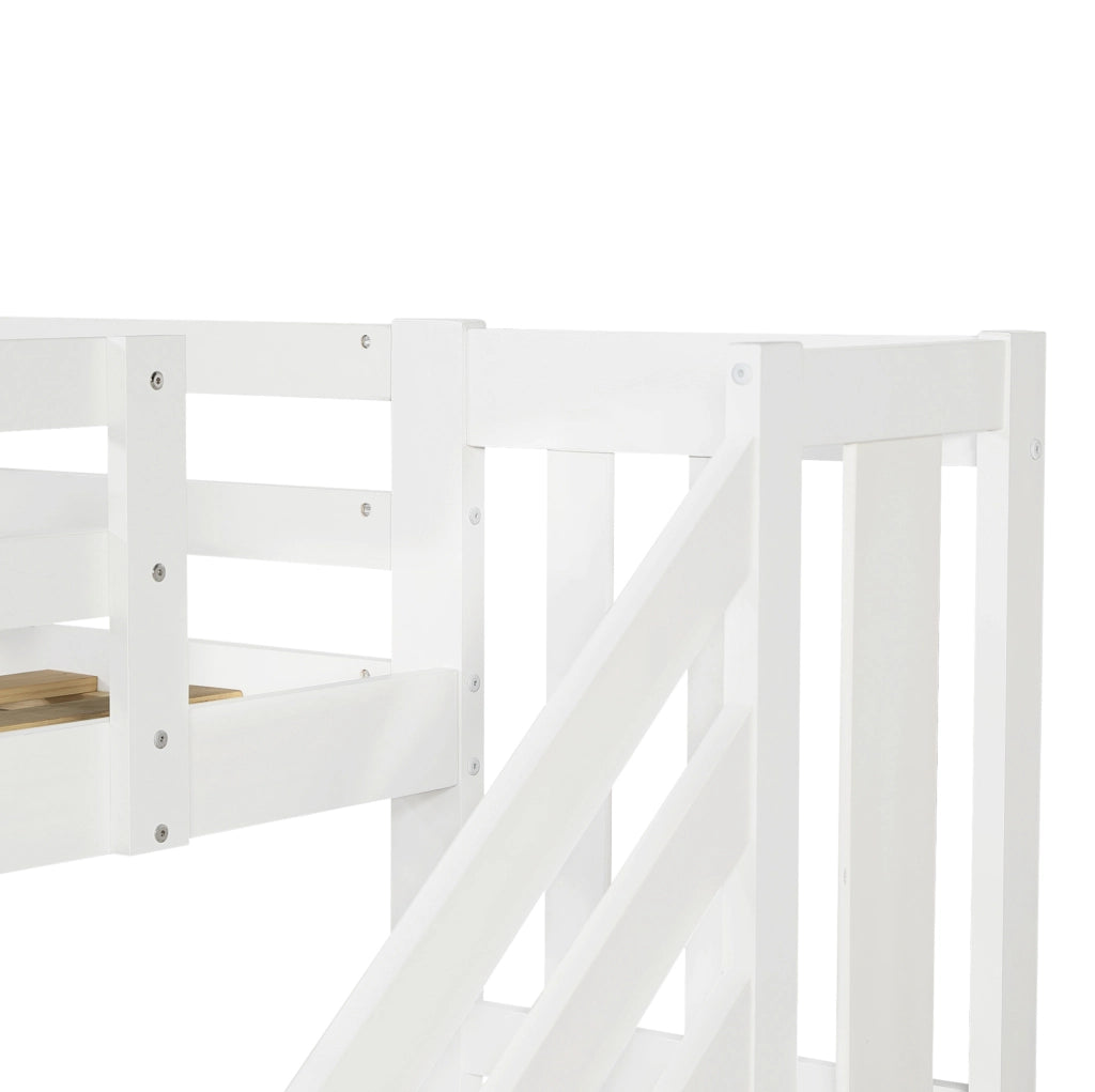 Letto a soppalco ULEVR 90x200 cm bianco e rosa con scala contenitore, LED e area gioco