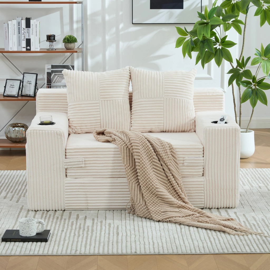 Divano pouf in velluto a coste con 2 cuscini e tasche laterali; 151x133x64 cm; beige
