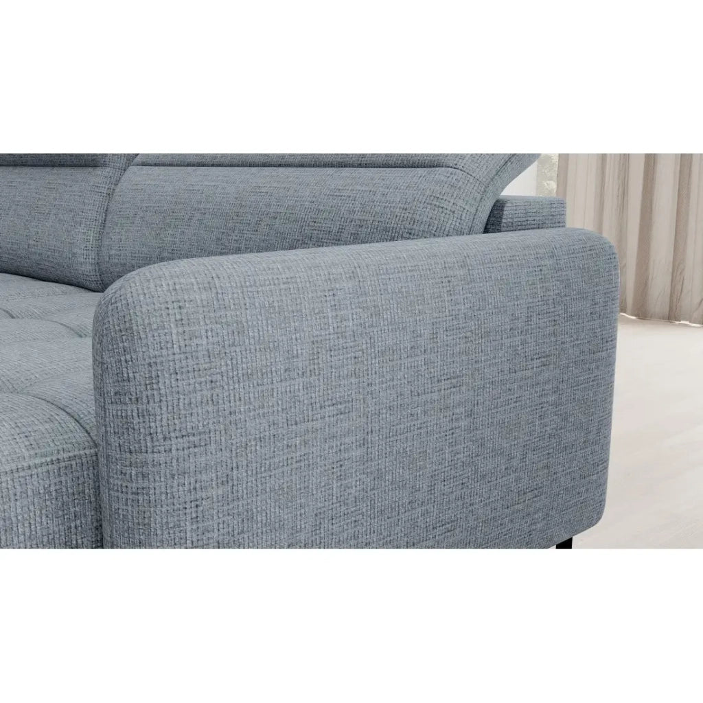 Divano angolare trasformabile BERTHO 306 cm blu grigio effetto melange – Angolo destro con contenitore