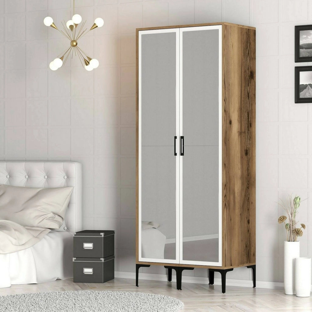 Guardaroba 2 ante Bagnone, Mobile camera da letto, Cabina armadio portabiti, Armadio appendiabiti, 80x201h48 cm, Noce e Bianco