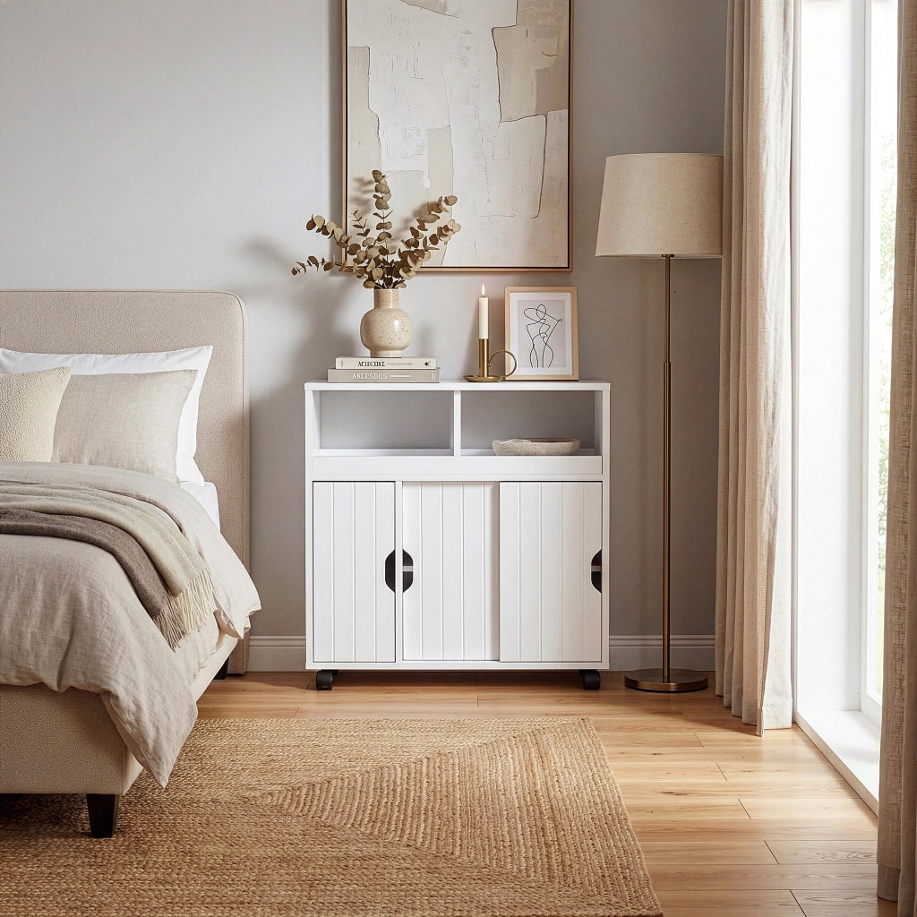 Armadietto Stretto Fadeskimma Mobile Contenitore con Rotelle e 3 Ante 72x70x20 cm Bianco [en.casa]
