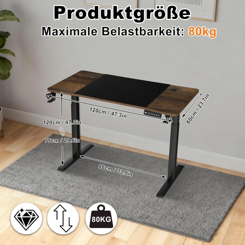Scrivania regolabile in altezza, 120 x 60 cm, scrivania elettrica per computer, scrivania da ufficio con porta di ricarica di tipo C, gancio per cuffie e porta bevande, sedile elettrico, con