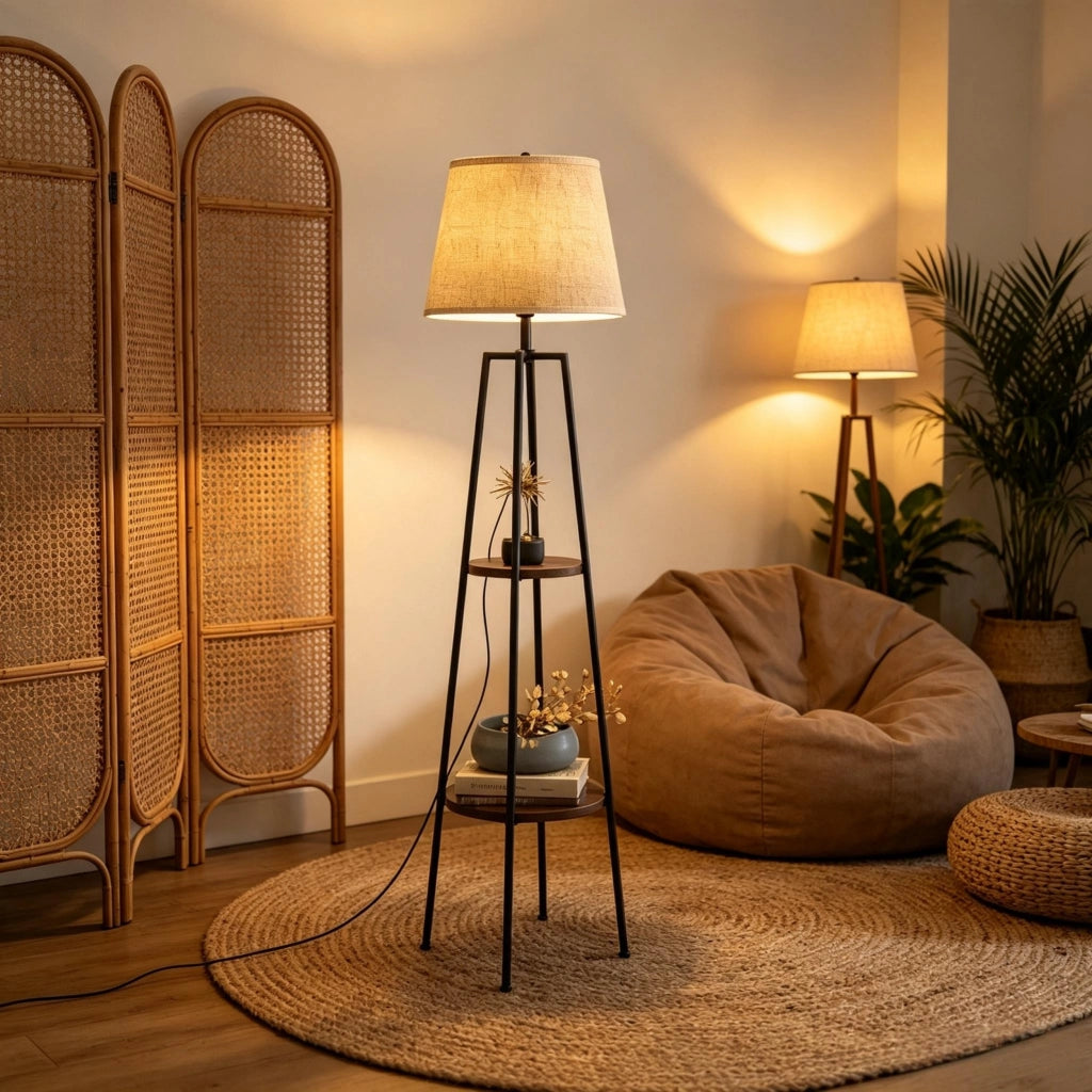 Lampada da terra moderna con ripiani integrati, lampada da terra con base a tre gambe, lampada da terra elegante (solo lampada da terra, lampadina non