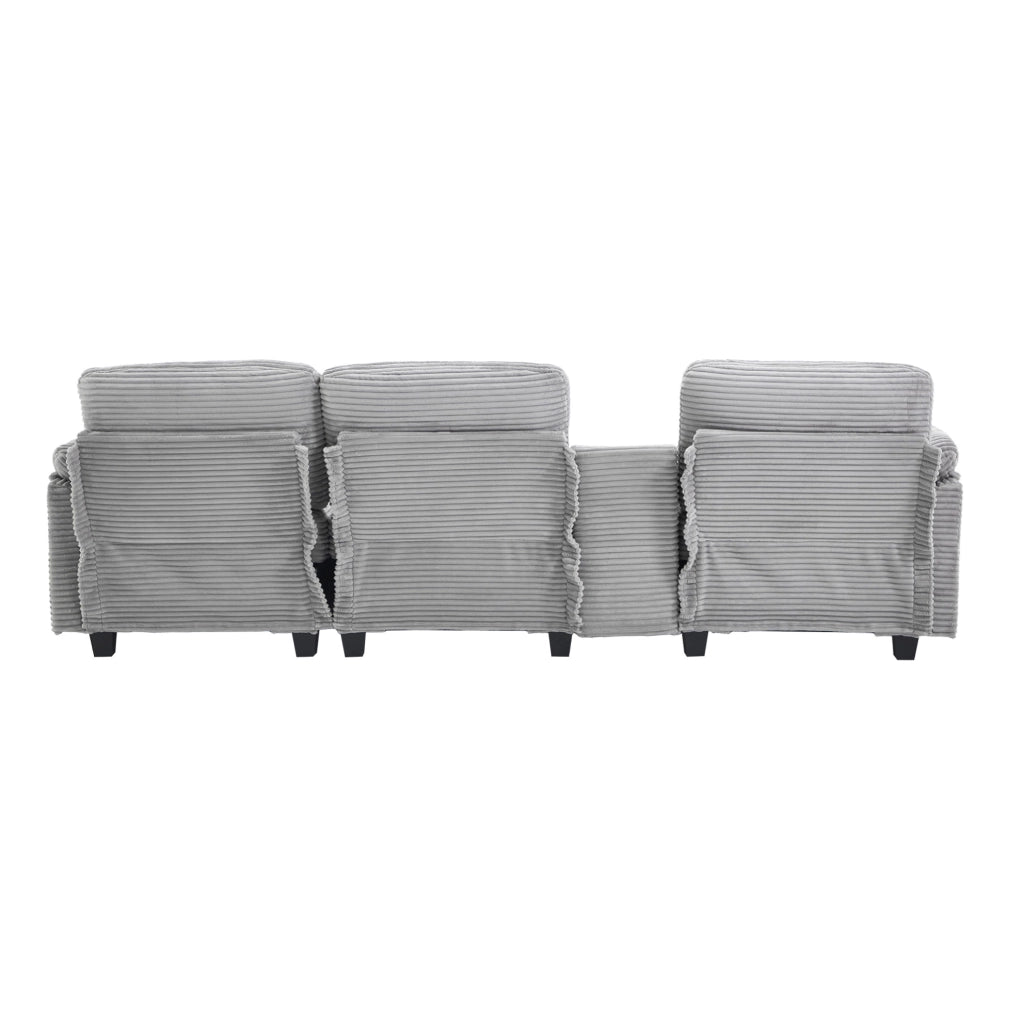 Divano modulare in corduroy grigio chiaro con memory foam; USB-C e pouf contenitore 266 cm