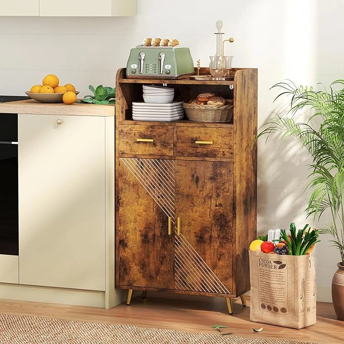 Mobiletto Bagno Salvaspazio 60 x 30 x 113 cm, Credenza Soggiorno con Ante, 2 Cassetti e Ripiano Regolabile, Armadietto da Cucina per Sala da Pranzo e Lavanderia (Marrone)