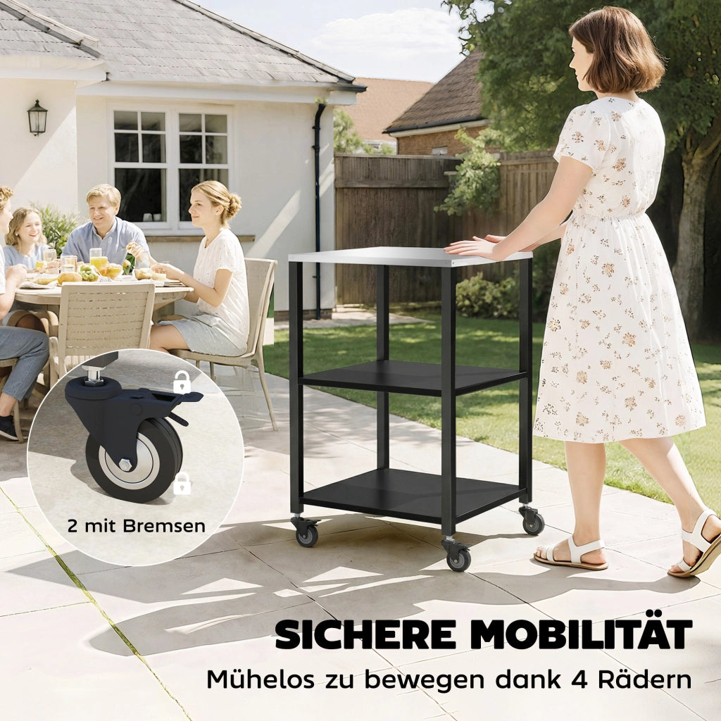 Tavolo da giardino 3 piani con ripiano in acciaio inox e ruote ¨C zephmum ¨C 50x50x90 cm nero