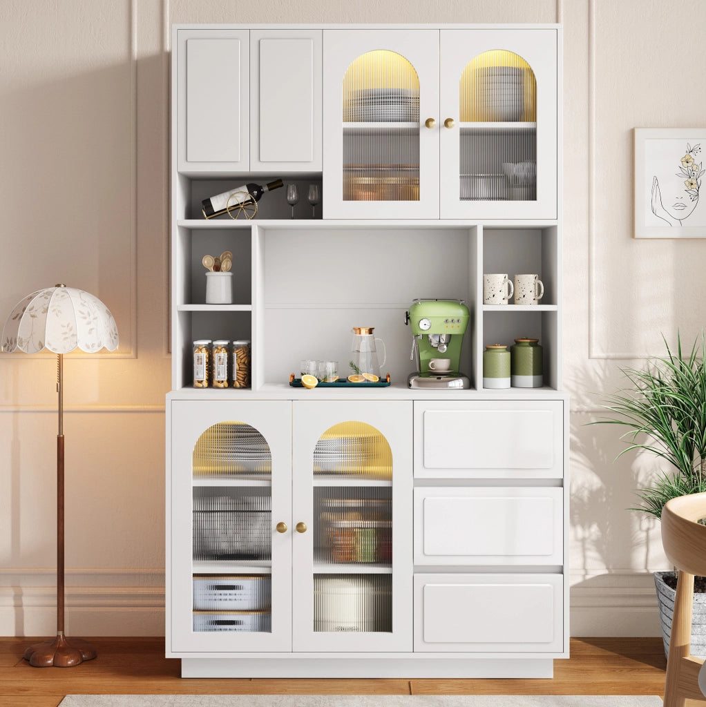 Credenza alta bianca con LED APP, ante acriliche e 3 cassetti