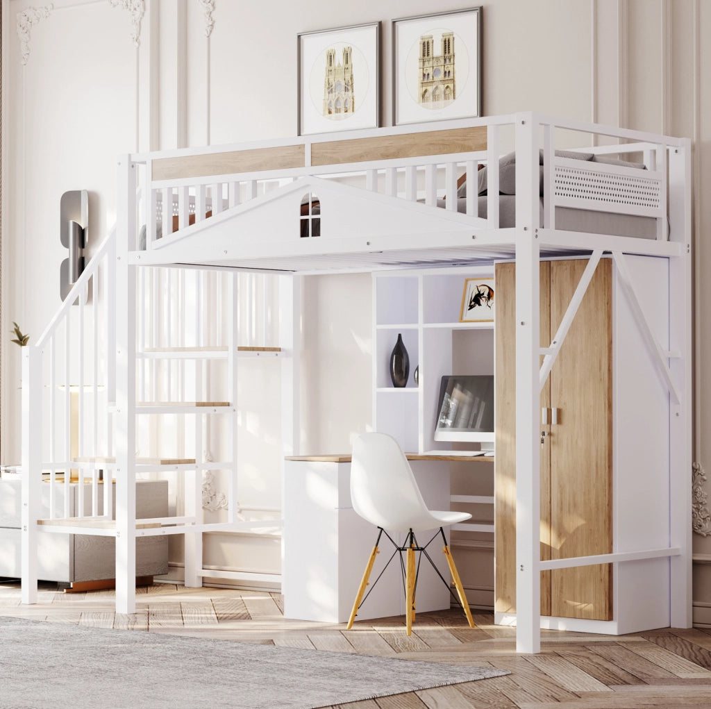 Letto a soppalco 90x200 cm in metallo e legno; con scala laterale; bianco
