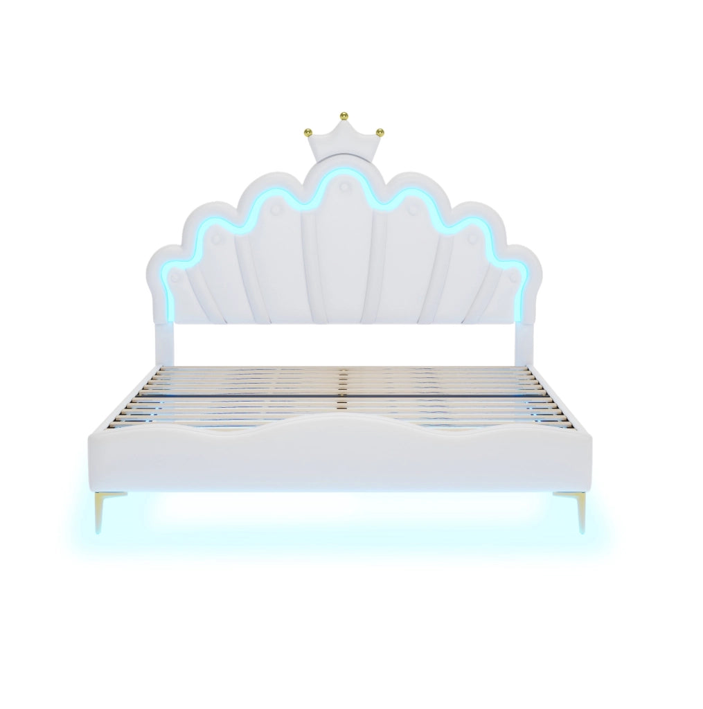 Letto matrimoniale 140x200 cm; testiera a nuvola con corona e LED; PU e MDF; bianco