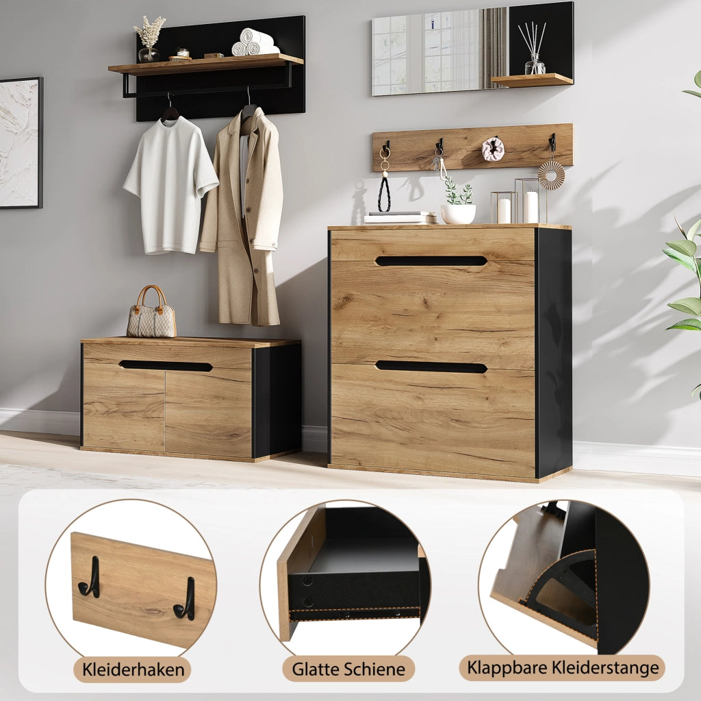 Set ingresso modulare 156x36x176 cm con specchio; scarpiera ribaltabile; 4 ganci; naturale e nero