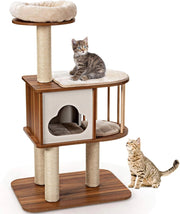 Tiragraffi per Gatti Adulti Con Cuccia, Piattaforma, Cuscini e Albero Alto in Legno, 68 x 48 x 117 cm