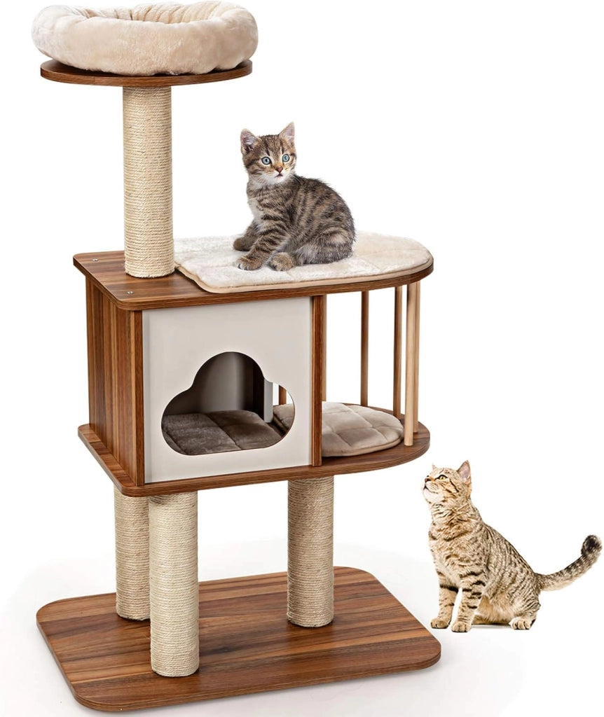 Tiragraffi per Gatti Adulti Con Cuccia, Piattaforma, Cuscini e Albero Alto in Legno, 68 x 48 x 117 cm