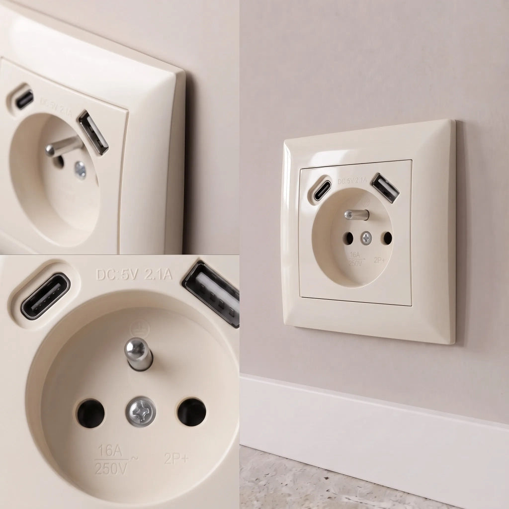 Presa Singola Con Messa A Terra + Usb-a Usb-c Oste Jnh004-g Beige
