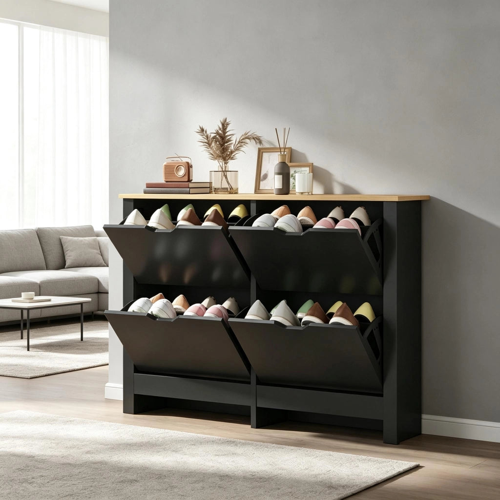 Scarpiera con 4 ante a ribalta e ripiani regolabili, in truciolare E1, per ingresso e cabina armadio, nero, 105 × 26 × 80 cm