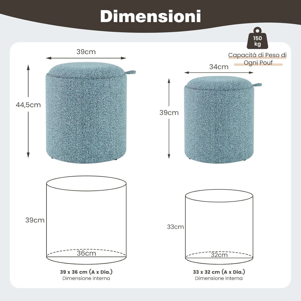 Set di 2 Pouf Contenitore, Pouf Rotondi Imbottiti da 41L+25L, con Vassoio Reversibile, Sgabello Contenitore Multifunzionale per Soggiorno, Camera da Letto, Portata 160 kg
