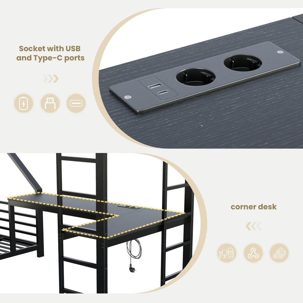 Letto a soppalco a 3 posti 90 × 200 cm et 140 × 200 cm con scrivania, presa USB e Type-C, senza materasso, nero