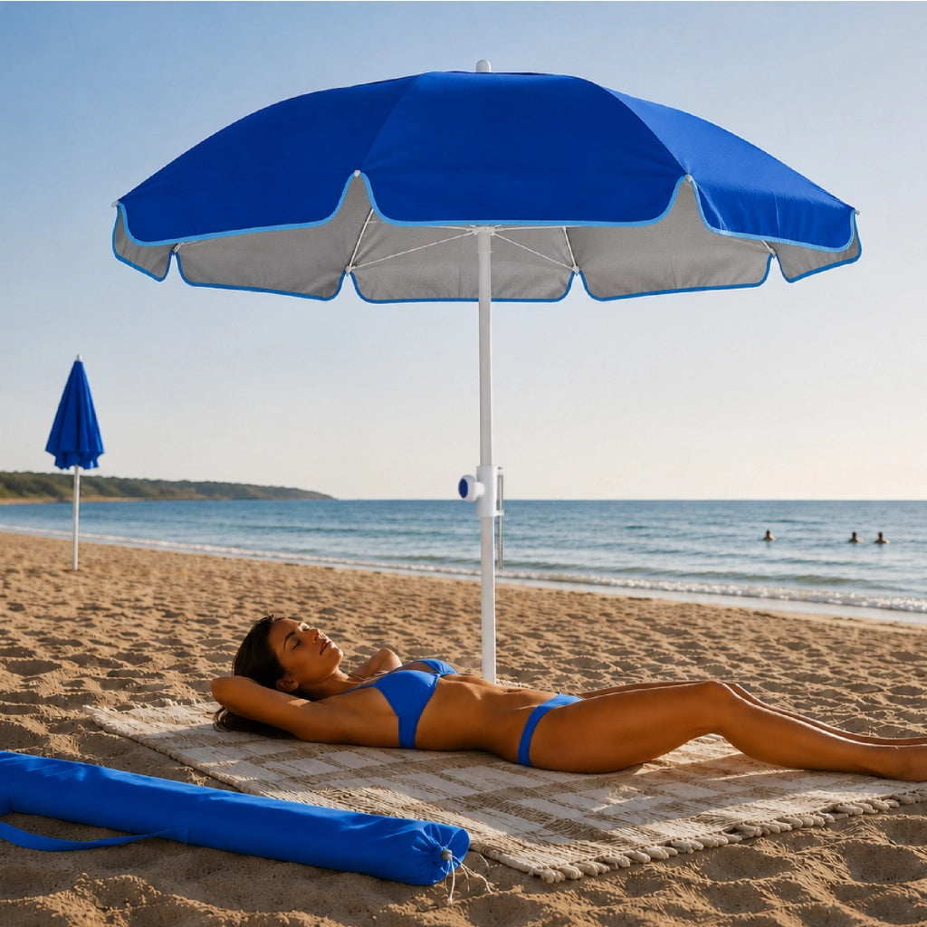 Ombrellone Mare Maxi 220 cm con Protezione UV, Palo a Vite e Inclinazione Regolabile, Parasole da Spiaggia con Presa d'Aria Antivento, Stecche Resistenti e Custodia Trasporto Blu