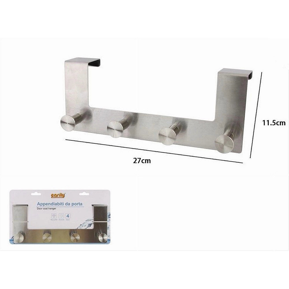 Trade Shop - Appendiabiti Da Porta Con 4 Ganci 27x11.5cm Silver Per Asciugamani Vestiti 87785 -