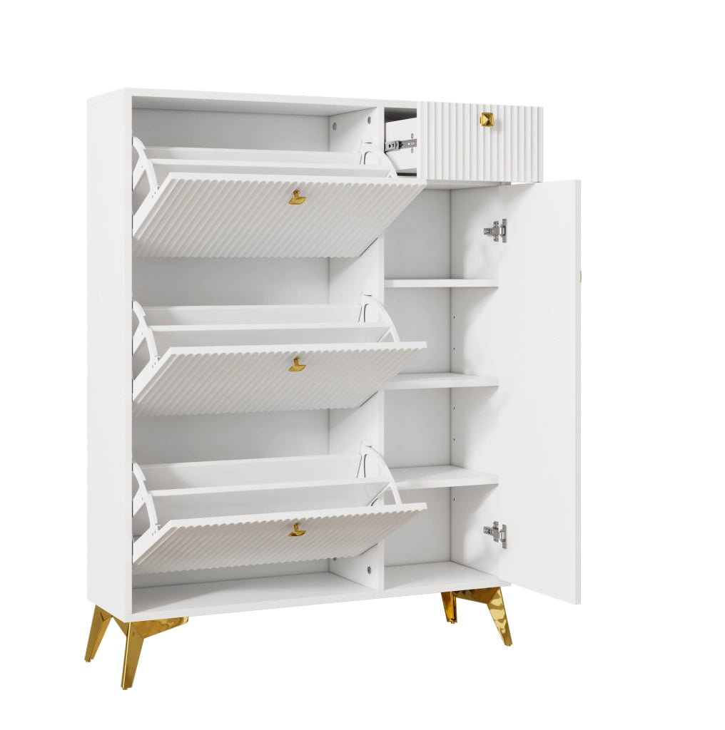 Scarpiera bianca con ripiani regolabili; superficie ondulata; 90 x 25 x 121 cm