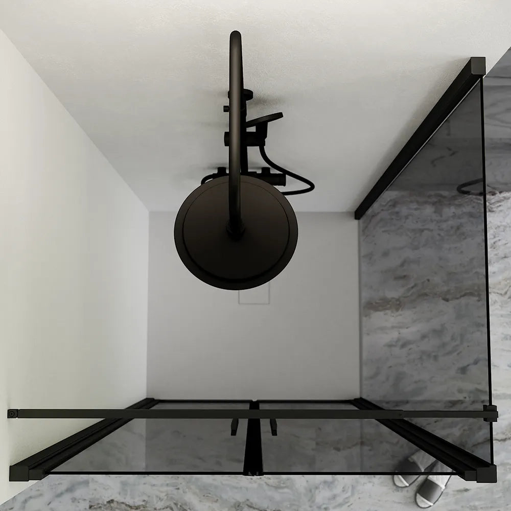 Box doccia 70x80cm con apertura saloon e parete fissa, profili nero opaco e vetro da 6mm fumè h195 | Elba