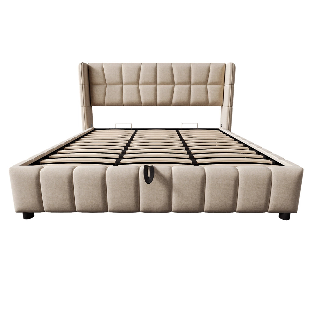 Letto contenitore matrimoniale 180×200 cm con rete sollevabile e testiera imbottita; senza materasso; beige