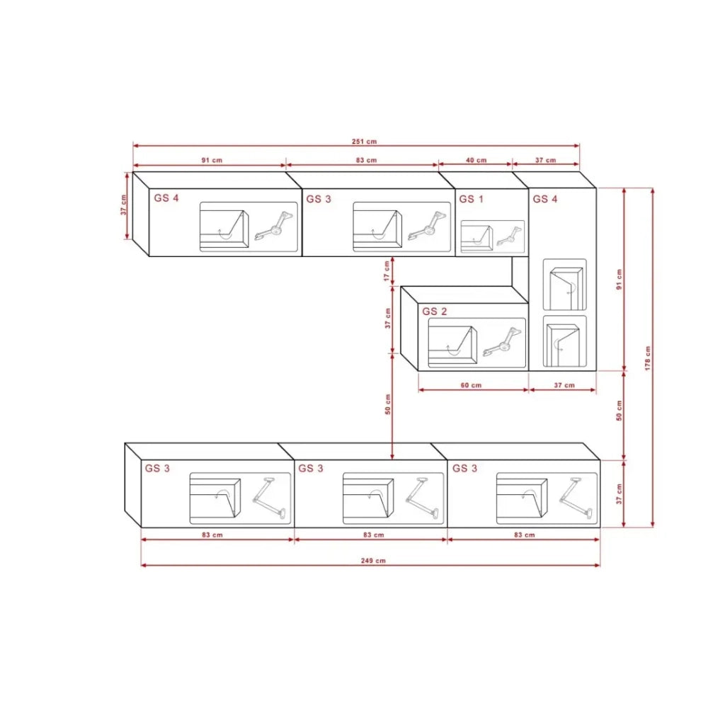 Set di mobili da soggiorno sospesi bianchi collezione CEPTO XV. 249cm, 8 pezzi, con LED.