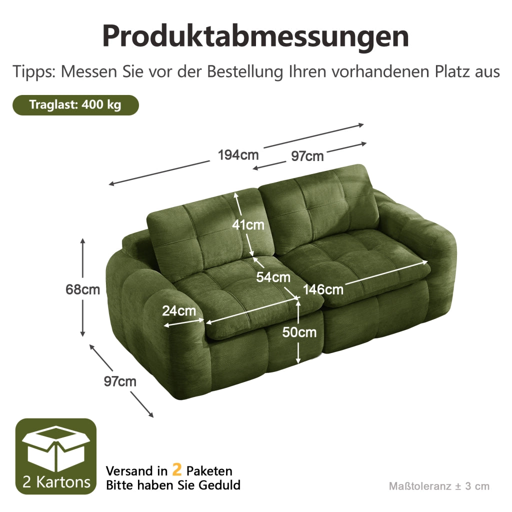 Divano modulare a 2 posti con seduta profonda e comfort ergonomico in chenille verde per interni 194 × 97 × 68 cm