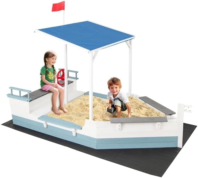 Sabbiera per Bambini a Forma di Nave Pirata con Tettuccio, Barca di Legno di Abete con Bandiera Timone e Sedili, Area Gioco di Sabbia, 218×110×162 cm