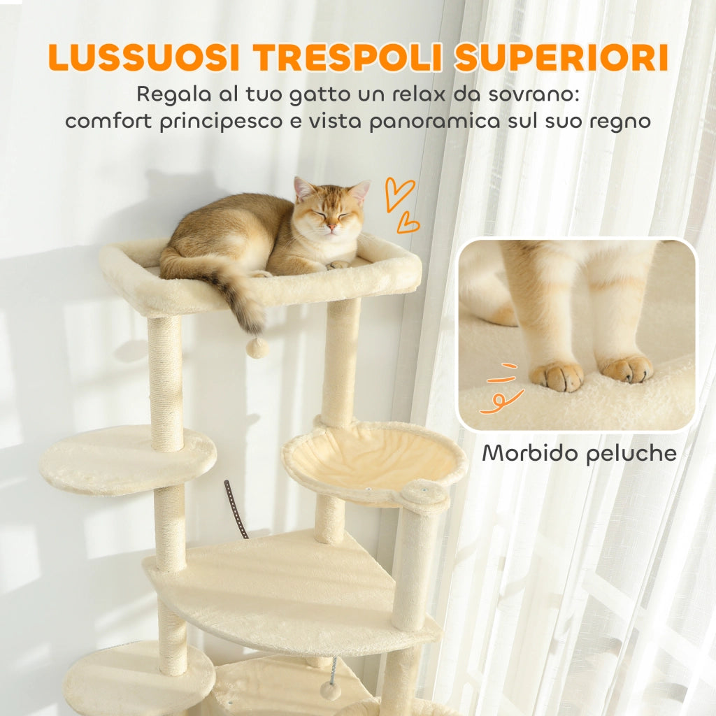 Albero per Gatti Alto 200 cm Multilivello con 2 Casette, 2 Lettini e Amaca, Struttura per 2-3 Gatti, Beige