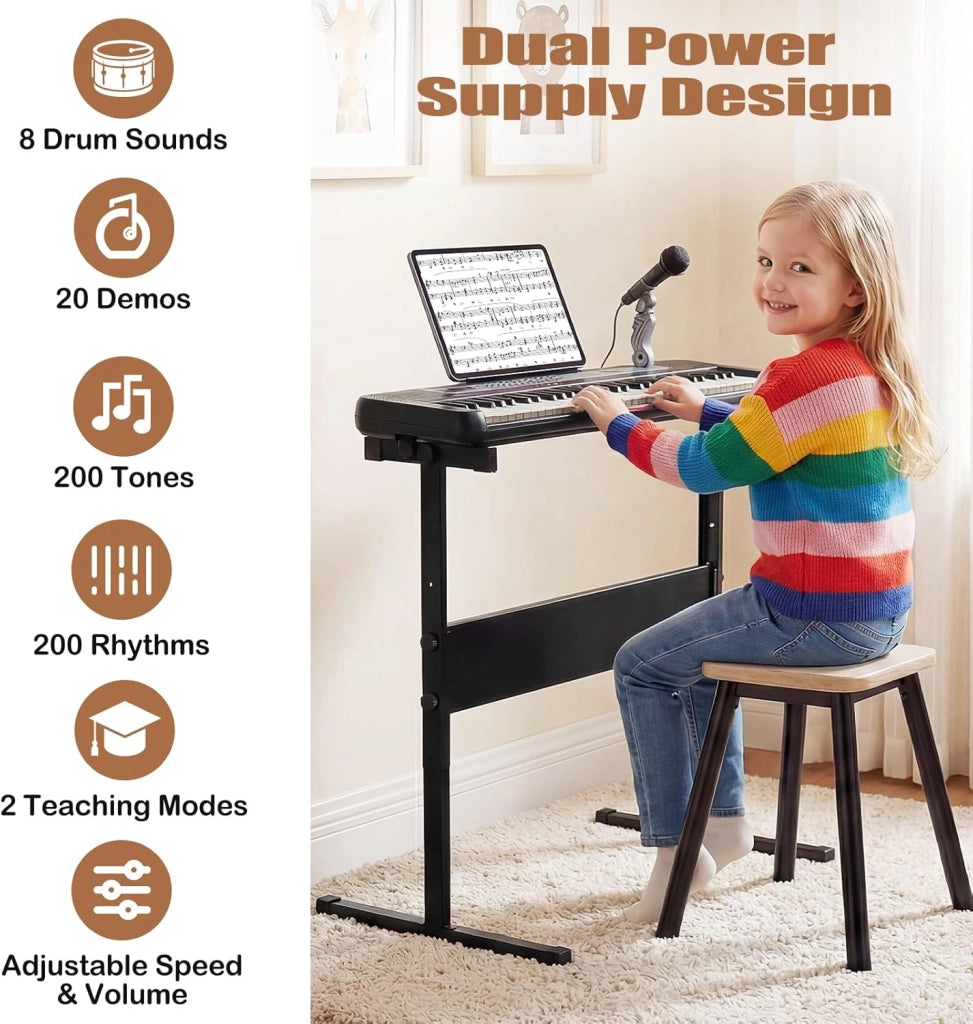 Tastiera elettronica per bambini di 3 anni+, microfono e leggio, pianoforte digitale 61 tasti con supporto regolabile, pianoforte elettronico, 200 toni e ritmi, 20 demo (nero)
