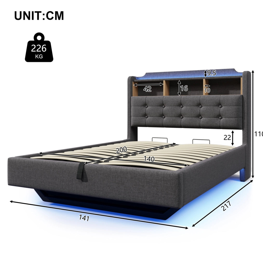 Letto imbottito 140x200 cm con LED e contenitore idraulico