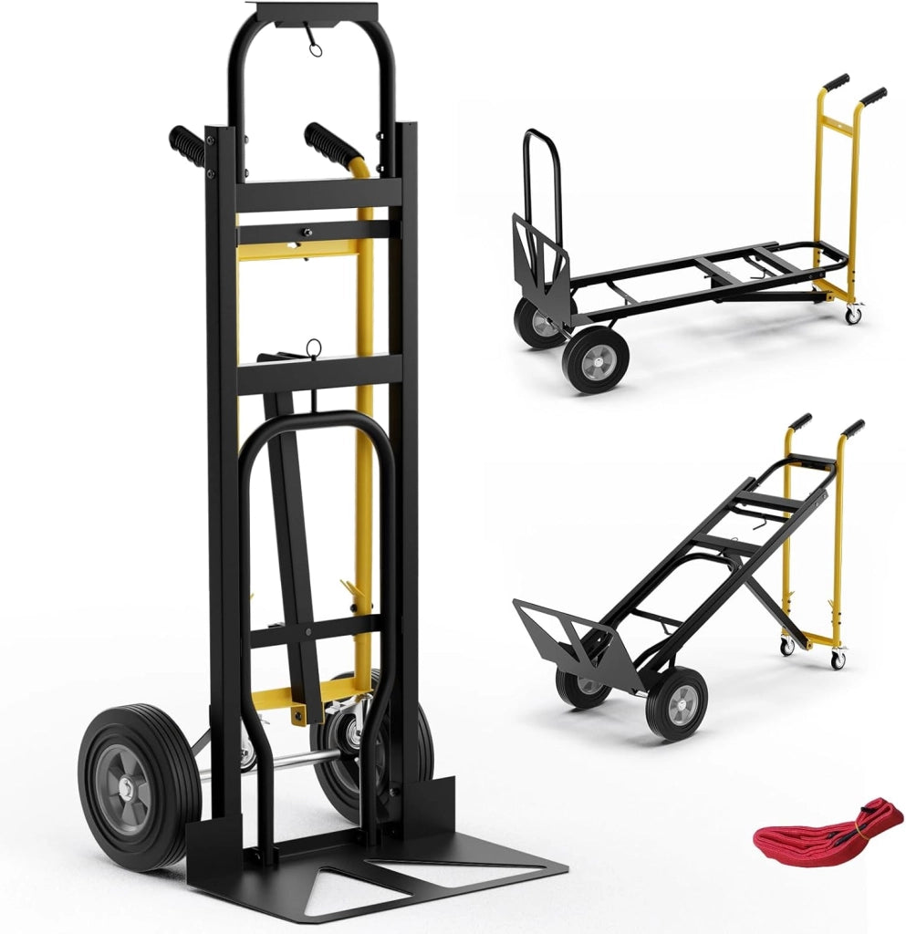 3 in 1 Carrello a Mano, Carrello Portapacchi con 4 Ruote in Gomma, Carrello Pieghevole per Trasporto e Spostamento in Magazzino, Casa, Portata Massima 450 kg (Nero)