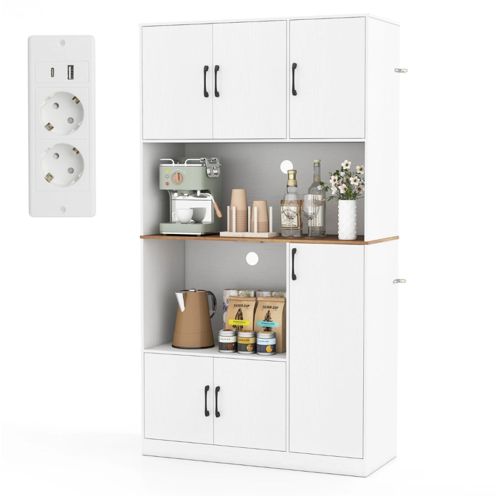 Credenza autoportante con supporto per microonde sala da pranzo in legno per cucina-Armadio dispensa alto 180 cm con presa Bianco