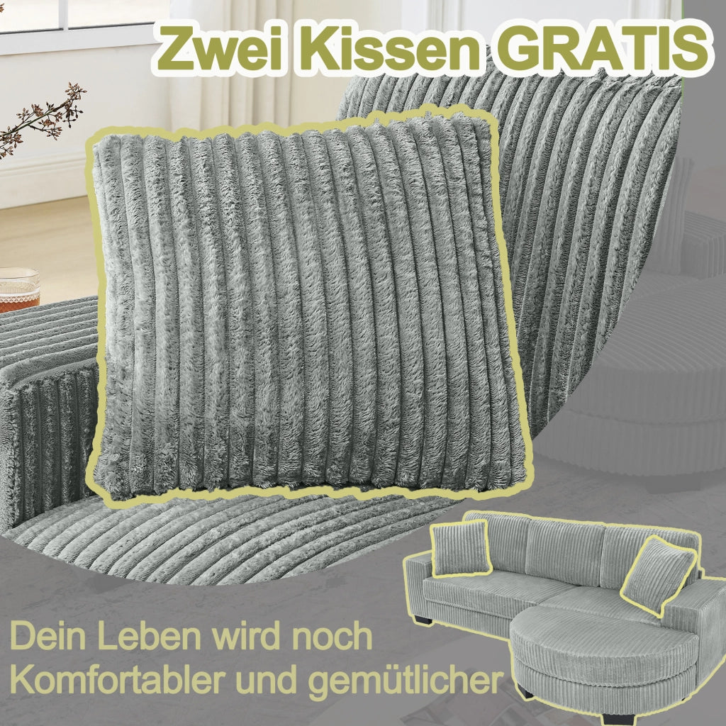Divano angolare modulare a L con pouf ovale e 2 cuscini in corduroy, seduta confortevole grigio 256.5 × 133.5 × 89 cm